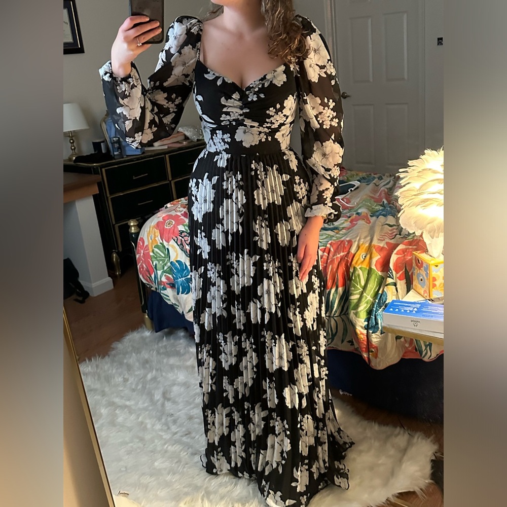NWT long black floral dress with pleats
